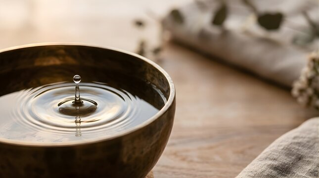 Water drop falling into a singing bowl for zen meditation and wellness