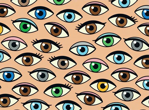 Flat pattern illustration displays many human eyes with distinct colors. Iris varies from blue brown green grey hazel orange. Visual artwork focuses on ocular anatomy, biology. Background shows