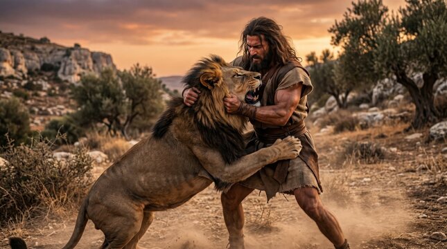 Samson fighting lion in wilderness. Biblical hero wrestling wild animal in desert landscape. Ancient warrior struggle for survival. Epic scene of mythical strength and primitive power.