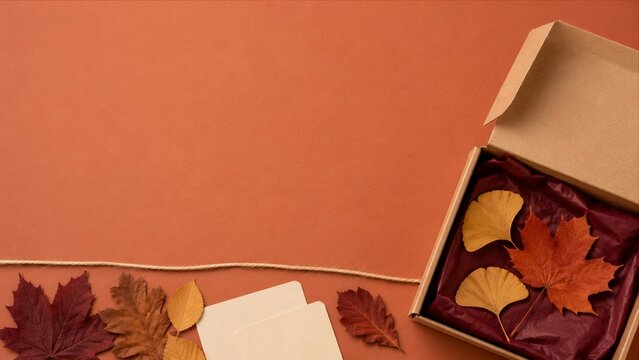 Gift box with autumn leaves and cards for ecommerce promotion seasonal autumn background with copy space fall background stationery ecommerce