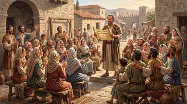Apostle Paul reading biblical scroll to gathering of men, woman and child in ancient city. Public sermon in historic marketplace. Biblical scene of religious teaching and faith.