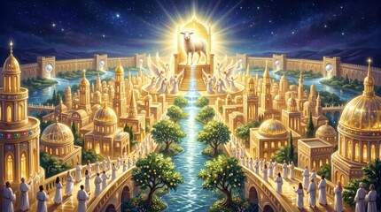 Obraz premium Lamb on throne in New Jerusalem with angels and river of life. Celestial city with gold buildings and people in white robes. Biblical revelation art and religious spiritual concept.