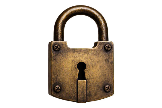 Vintage brass padlock isolated PNG, old metal lock with keyhole on transparent background, privacy protection concept
