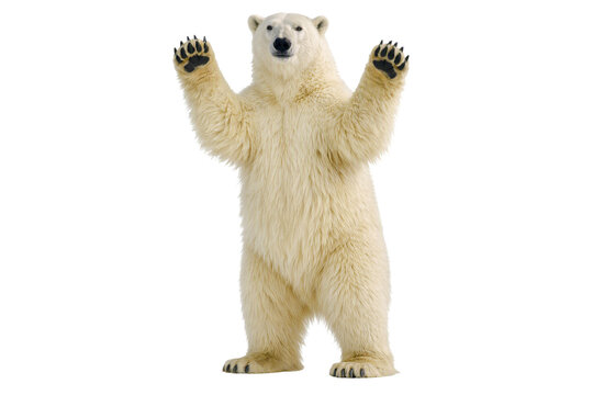 Polar bear standing with paws raised isolated PNG, friendly white bear posture on transparent background, cute arctic wildlife stock photo