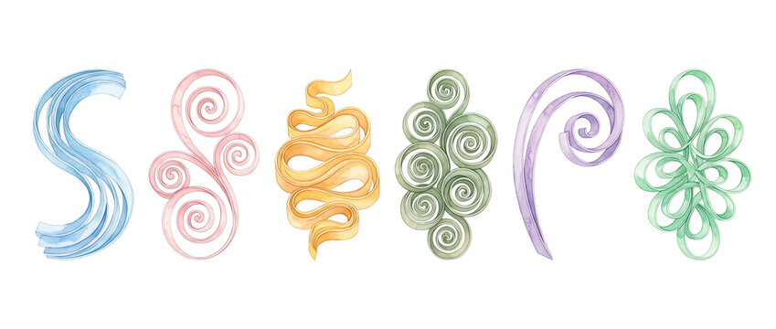 Watercolor swirl elements decorative ornaments set of pastel paper quilling spirals, elegant flourishes and abstract curved ribbon illustration isolated on black background for graphic design.