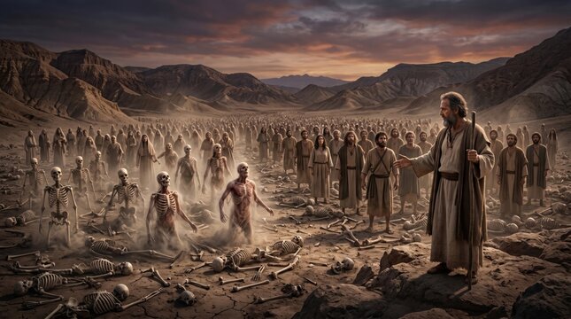 Prophet Ezekiel standing before a valley of dry bones resurrecting. Biblical scene of visionary prophecy and miracle. Traditional religious illustration of resurrection from death.