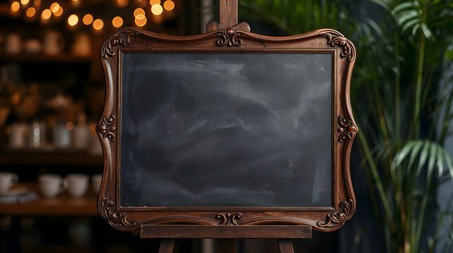 Empty chalkboard resting on rustic easel creates welcoming and cozy authentic artisan cafe atmosphere generative AI