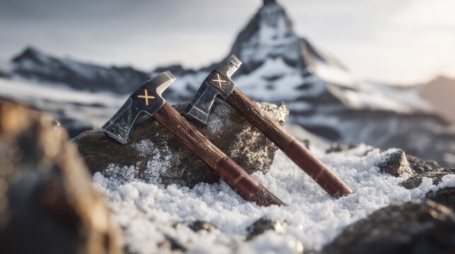 Two wooden handled axes resting on snowy rock with blurred mountain background