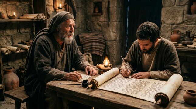 Old scholar and young scribe writing on papyrus scroll in ancient library. Biblical historians working on manuscript in stone room with candle light. Historical religious study concept.