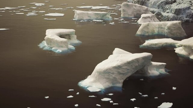 Melting iceberg drifting in dark water near Canada coast, pale blue melt pools, scattered debris, urgent mood suggesting climate change impact