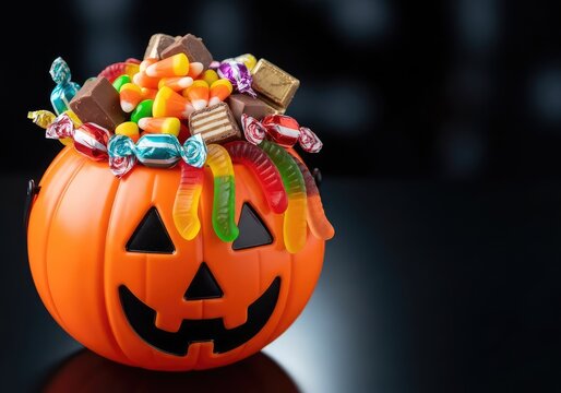 A festive orange pumpkin bucket overflowing with seasonal sweets like candy corn, chocolate bars, and colorful gummy worms on a dark surface, fall, background, overflowing