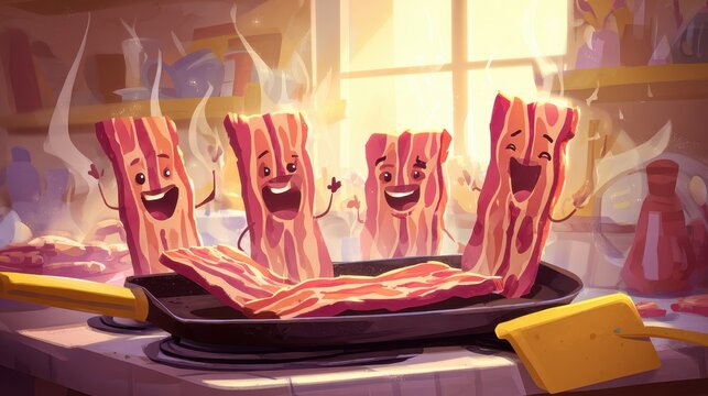 Playful breakfast illustration of crispy bacon on a frying pan