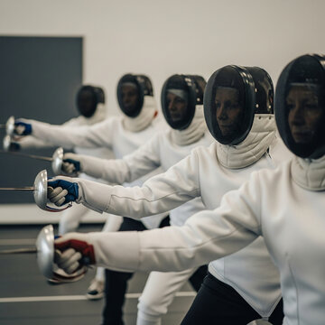 Professional fencers in white protective uniforms and mesh masks standing in a line during a practice session at an indoor fencing club facility.