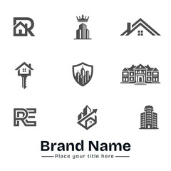 Obraz premium Real estate and property business logo icon set. Abstract letter R RE monogram, luxury crown building, house key, shield skyline, mansion and growth arrow vector design templates.