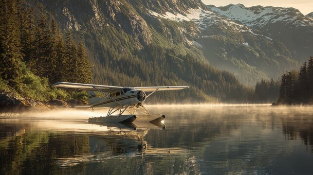 Pontoon plane touches down on pristine Alaskan lake beneath rugged mountain peaks