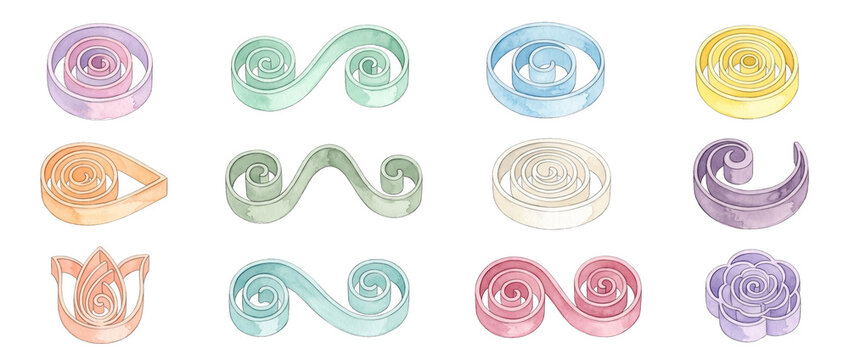 Paper quilling watercolor floral elements isolated on black background. Pastel 3D roll filigree swirls, decorative papercraft spiral curves and curl ornaments for design invitations and craft art set.