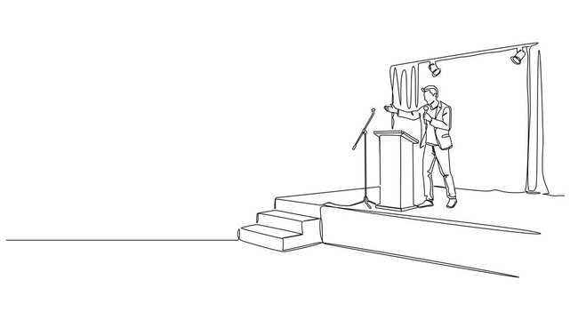 animated continuous line drawing of a speaker giving a presentation or speech on stage with a podium and microphone, line art animation