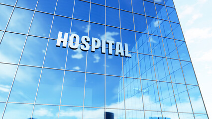 Fototapeta premium Hospital glass building. Modern hospital building with a glass facade and prominent hospital signage, ideal for healthcare, medical services, hospitals, and corporate healthcare concepts.