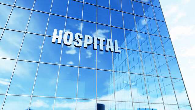 Hospital glass building. Modern hospital building with a glass facade and prominent hospital signage, ideal for healthcare, medical services, hospitals, and corporate healthcare concepts.