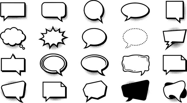 Black and White Comic Speech Bubbles and Dialogue Balloons Vector Icon Set