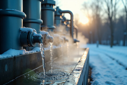 Hot natural spring water flowing from metal pipes into stone basin surrounded by snow with steam rising in cold winter outdoor environment