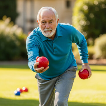 Active senior man with white beard concentrating while playing bocce ball in a sunny park wearing a blue shirt and holding red playing balls.