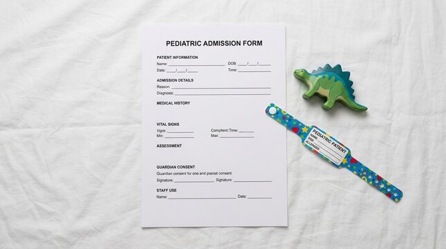 Overhead Flat Lay of a Pediatric Admission Form a Small Toy and a Colorful Wristband