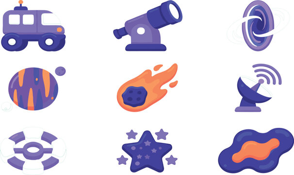 Space exploration and astronomy flat vector icon set