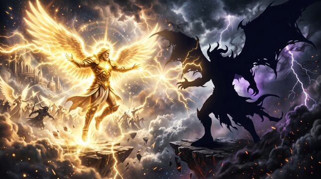 Angel and demon fighting in a cataclysmic battle. Epic confrontation between light and dark forces in the sky. Divine power clashing with evil darkness, spiritual warfare concept.