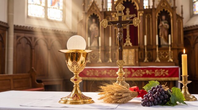 Catholic communion host and gold chalice on altar with cross and grape. Eucharist sacramental elements for church mass service. Holy liturgy celebration concept in Christian temple.