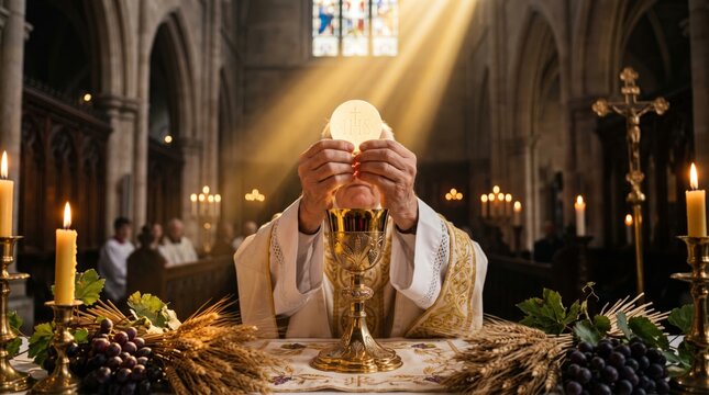 Priest holding holy Eucharist host during mass service in church. Celebration of Christian sacrament, liturgical rite of communion. Spiritual belief and religious devotion in ceremony.