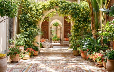 Fototapeta premium Beautiful Mediterranean courtyard with floral arch and colorful tiled floor