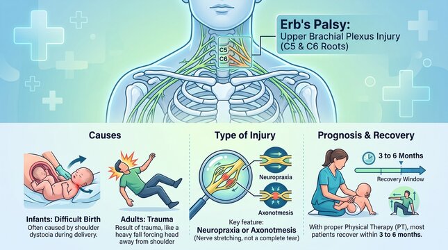 Erb's palsy brachial plexus injury diagram. Medical infographic of nerve damage causes.