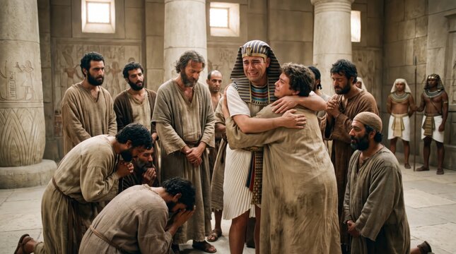 Pharoah and man hugging in ancient Egypt palace. Biblical scene of Joseph revealing himself to his brother. Emotional reunion and forgiveness in historical, religious temple setting.