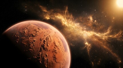 Fototapeta premium Cinematic Digital Illustration of a Red Planet Orbiting in a Vast Universe with a Golden Cosmic Nebula and Radiant Star