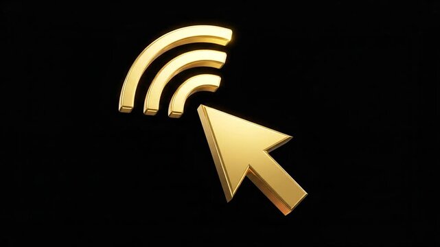 Golden cursor arrow and wireless signal icon on black background