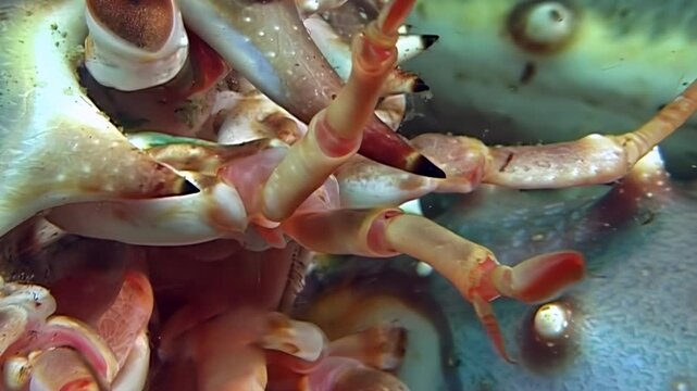 A large Red King Crab, Paralithodes Camtschaticus, is seen up close in its natural underwater Arctic habitat. Its intricate legs gracefully stir the cold ocean water, revealing a majestic presence.