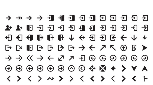 A comprehensive collection of black pixel arrow featuring various directional indicators, login and logout symbols, and geometric navigation shapes arranged in a grid on a white background