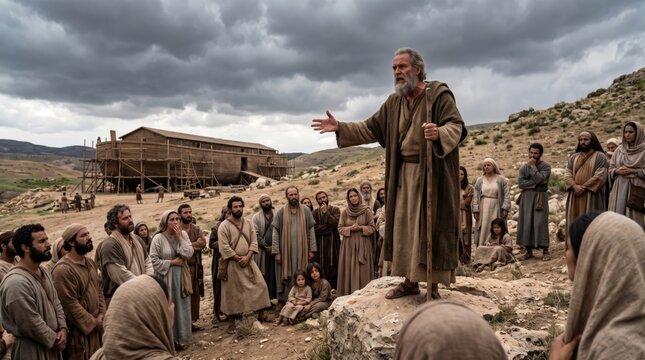 Noah preaching to a crowd of people in front of the ark. Biblical scene depicting an ancient prophet warning the group. Dramatic religious story of faith, salvation and historical event.