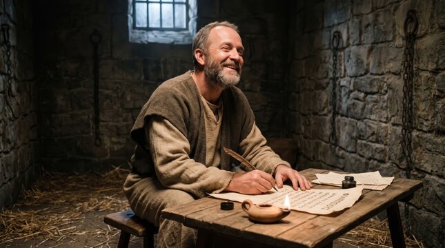 Man prisoner writing on paper with quill in dark stone dungeon. Historical character inspired by apostle Paul writing letters in prison. Inspirational concept of faith and endurance.