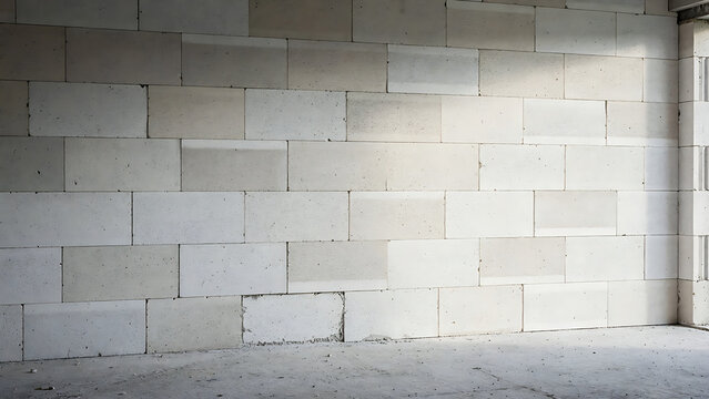 Interior view of a building under construction featuring a wall of light grey aerated concrete blocks.