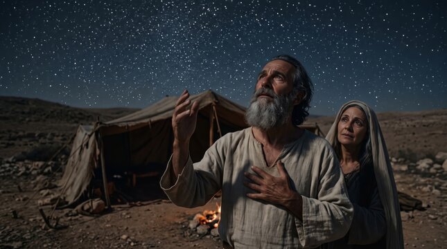 Bearded man and woman looking at starry sky in desert. Biblical characters Abraham and Sarah standing by tent at night. Religious scene depicting ancient faith and miracle hope.
