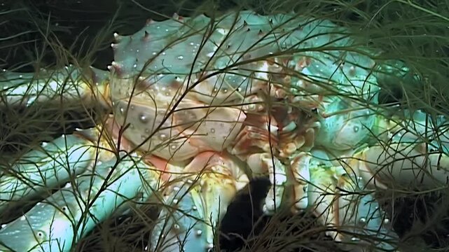 A close-up view reveals a large Red King Crab, Paralithodes Camtschaticus, resting amidst lush green underwater plants in the frigid Arctic ocean. Its vibrant shell is a marvel.