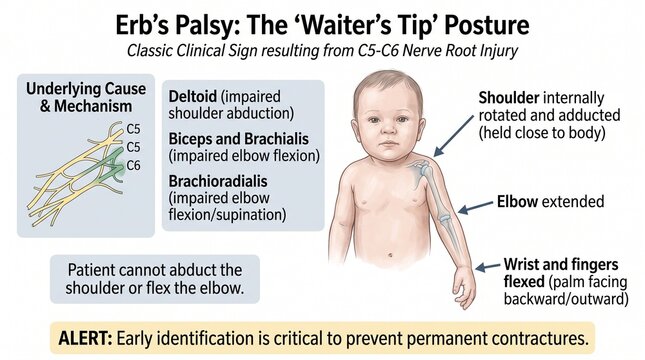 Erb's palsy waiter's tip posture diagram. Medical illustration of brachial plexus injury.
