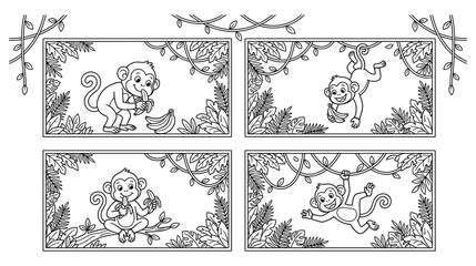 Cute monkey coloring book pages with jungle and banana scenes.
