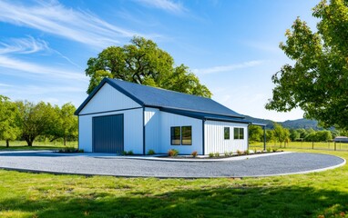 Obraz premium Modern white garage with blue roof in green landscape with trees and sky