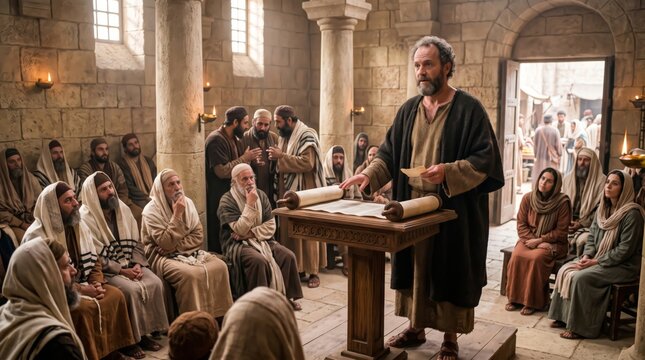 Man preaching to a group of people inside an ancient synagogue. Teacher reading from a scroll to a gathering. Biblical scene representing faith, history, religion and ancient culture.