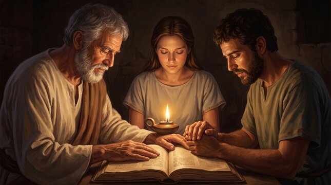 Old man, woman and young man reading Bible by candlelight in dark room. Group of people studying holy scripture together. Religious community praying during peaceful evening service session.