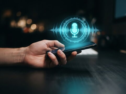Hand holding smartphone with glowing blue microphone and sound wave interface mobile phone technology