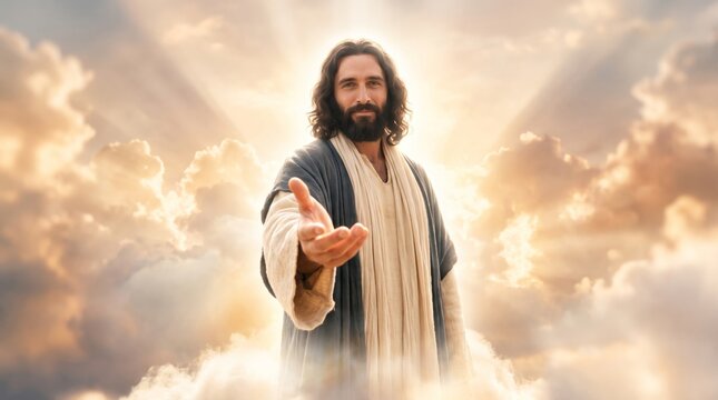 Jesus reaching out his hand to welcome in heaven. Man with long hair and beard standing in bright clouds. Religious figure offering help, grace, and salvation. Christian spiritual icon.